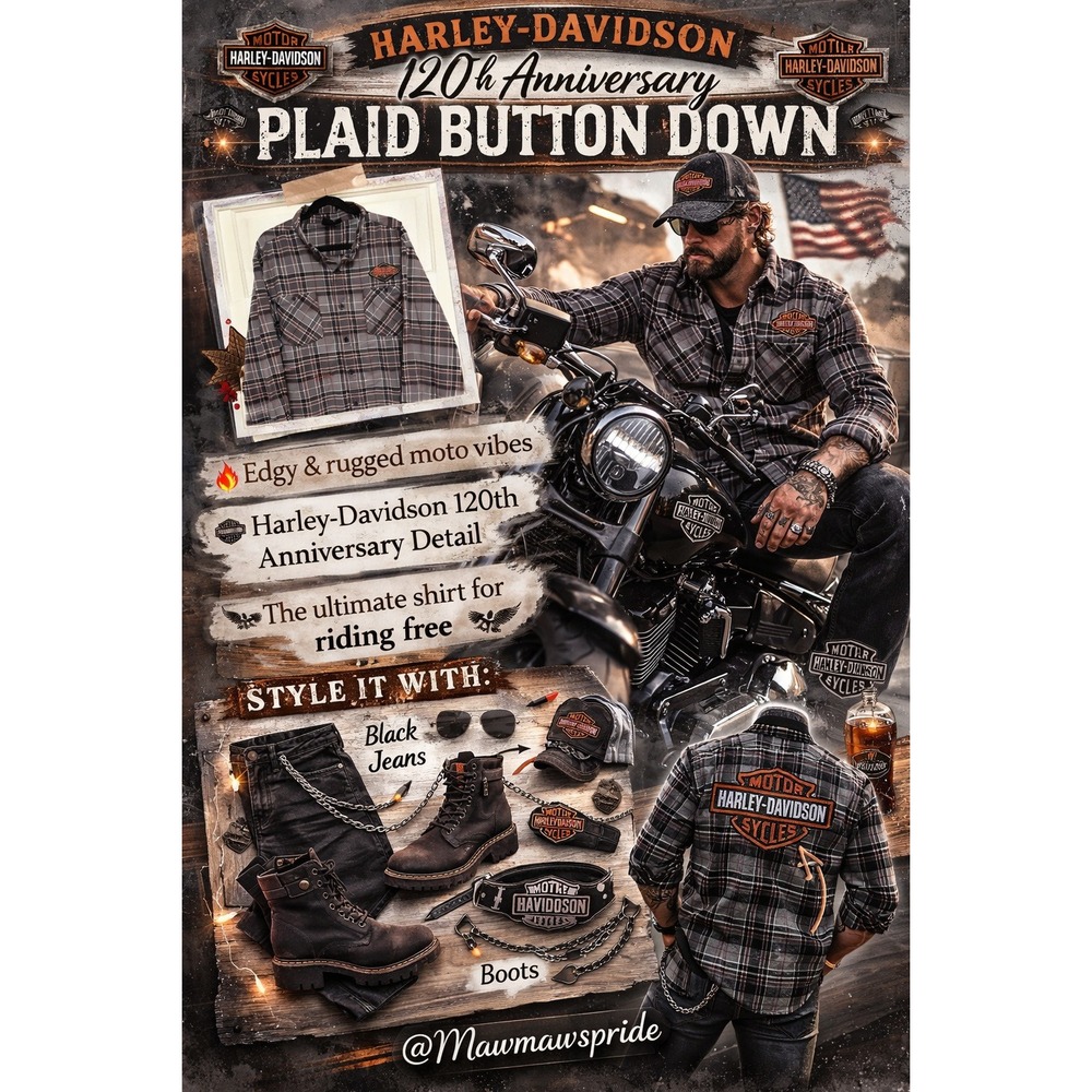 Harley-Davidson 120th Anniversary Plaid Button Down‎ Shirt 2XL Grey Moto Flannel - Picture 3 of 9